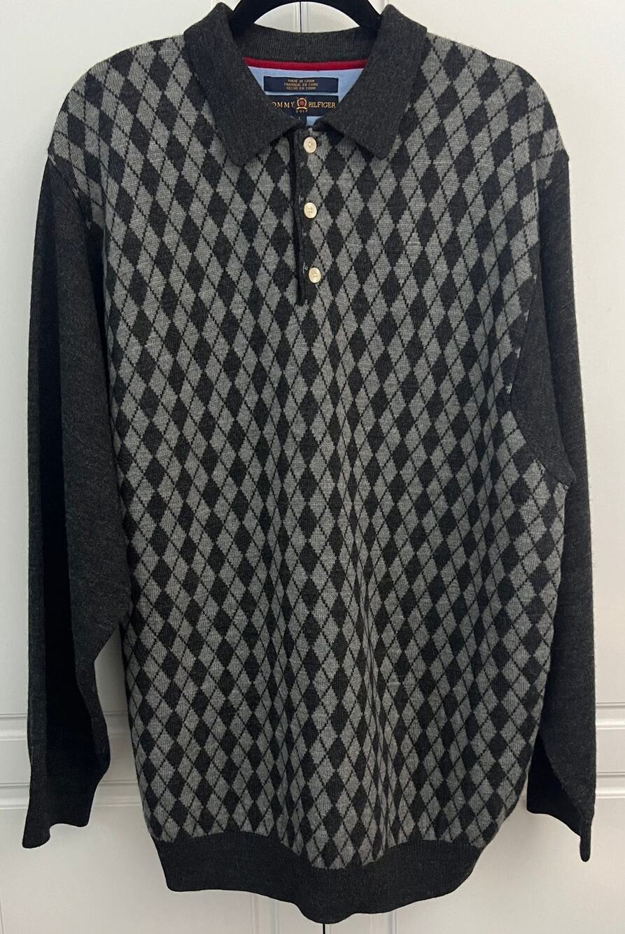 Vintage Tommy Hilfiger Golf Argyle Sweater Merino Wool with Collar Size L